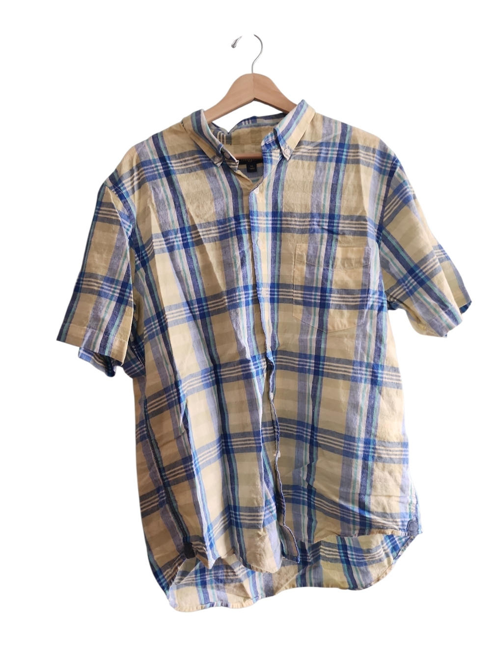 Club Room Short-Sleeve Plaid Linen Cotton Blend Button-Down Shirt - XL